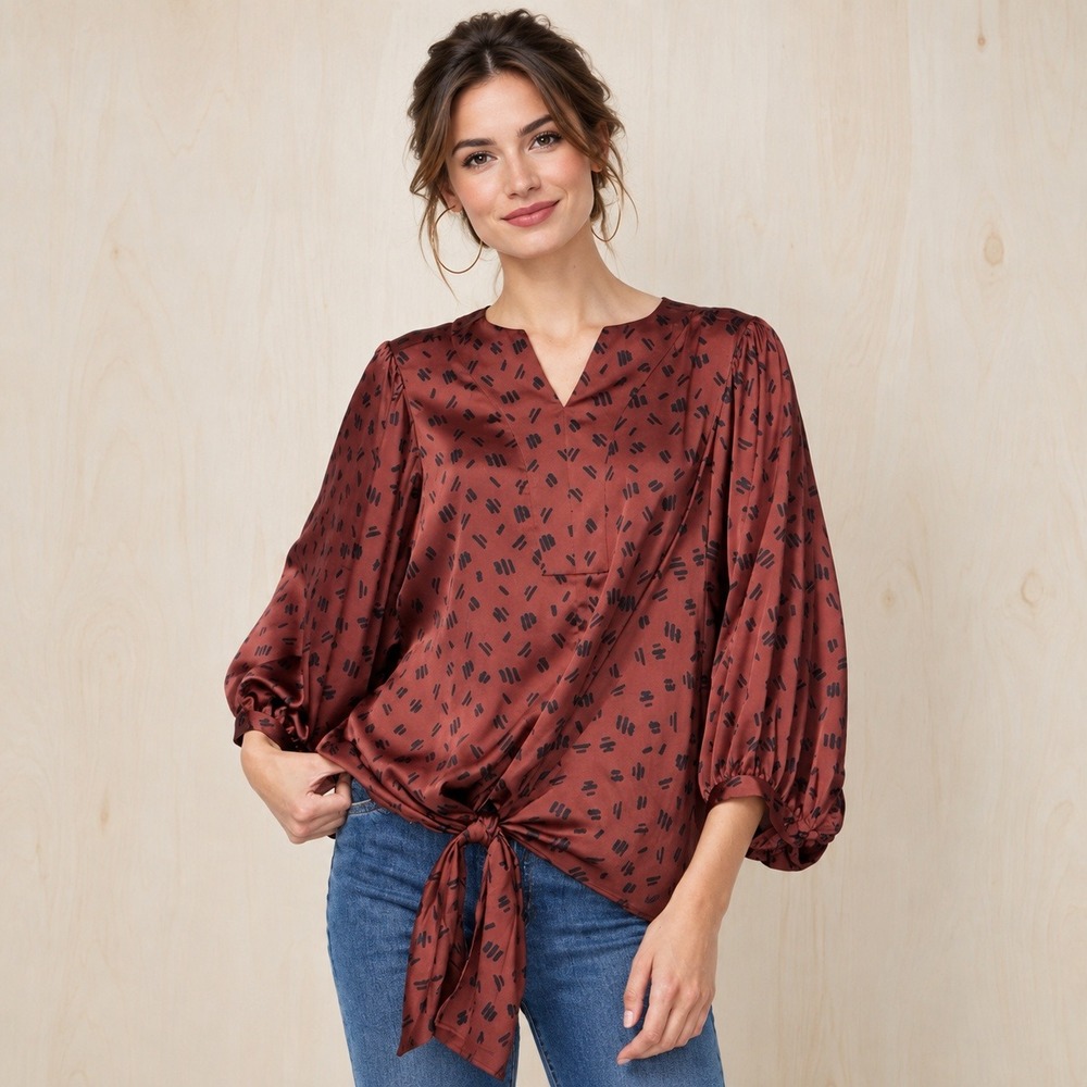 Chico's Brown Abstract Satin Tie Front Balloon Sleeve Blouse V-Neck Top Size 1 M